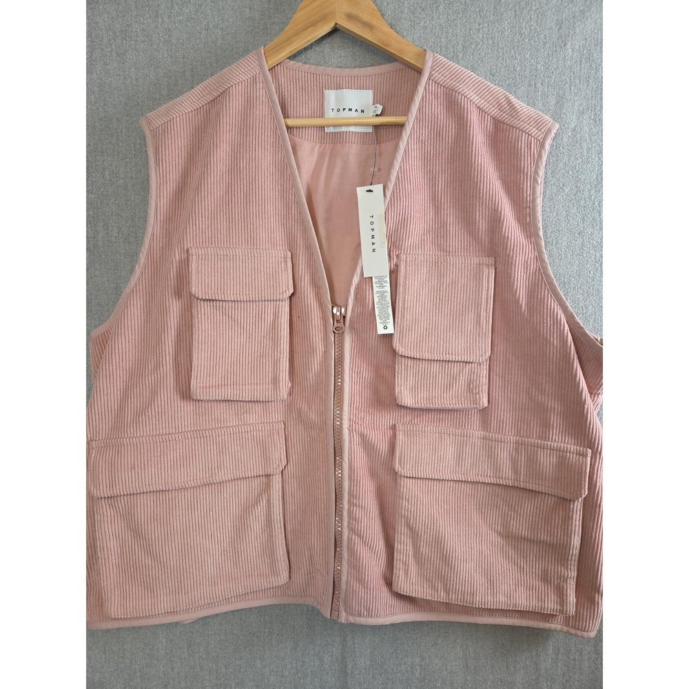 TOPMAN Mens XL Multi Pocket Cargo Vest Safari Pink Rose Ribbed Knit Full Zip NEW